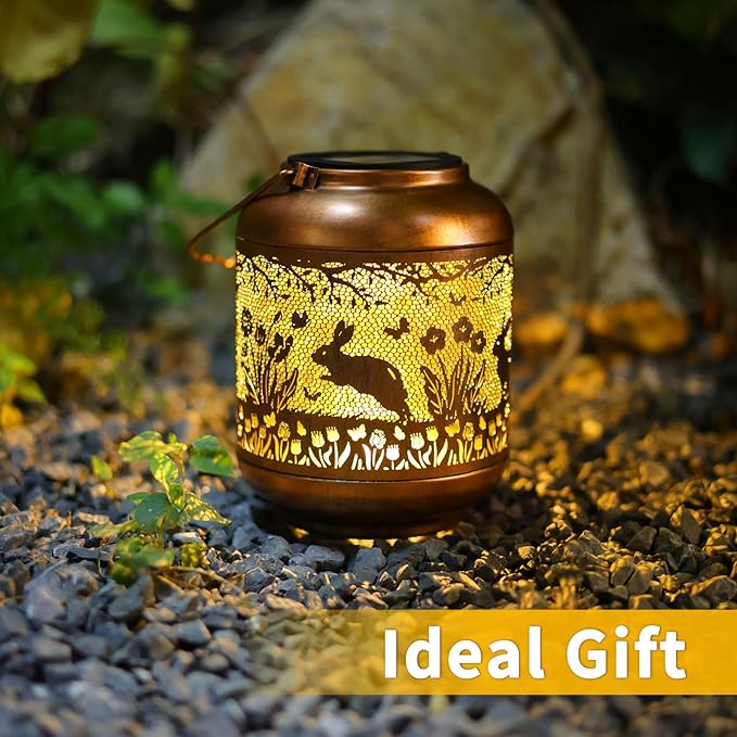 2Pack Rabbit Solar Lanterns Outdoor Waterproof Hanging Solar Lights Bunny Gifts for Women Mom Grandma Metal Decorative LED Lantern Outside for Garden Decor,Yard,Patio,Lawn,Porch,Backyard,Pathway