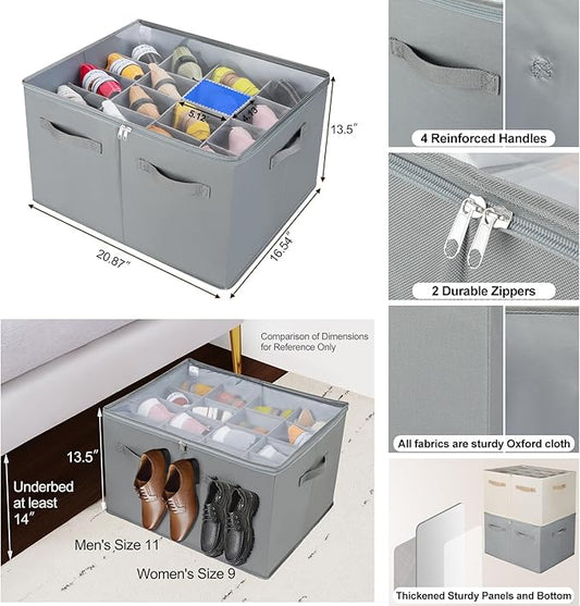 Shoe Organizer for Closet 2 Pack, Foldable Shoe Box with Adjustable Dividers and Clear Cover, Space Saving Shoe Storage Organizer Cabinet with Reinforced Handles, Fits 32 Pairs, Gray, TP12G