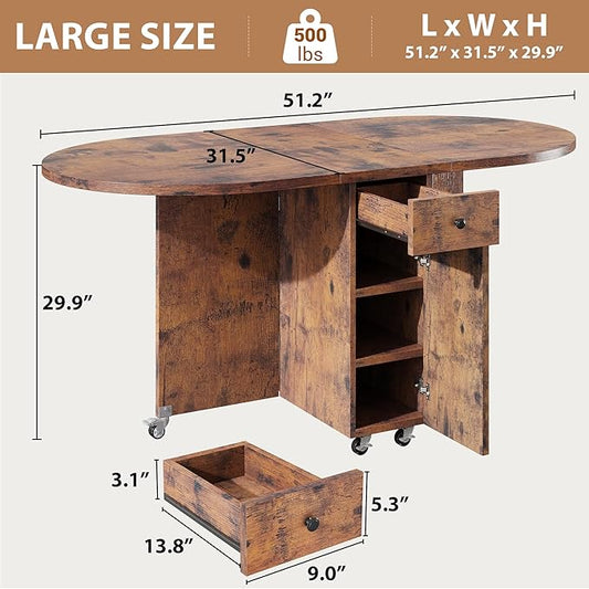 Round Folding Dining Table for 6, Space Saving Drop Leaf Kitchen Table with Storage Drawer, 6 Wheels Oval Gateleg Foldable Dining Table for Small Spaces (Vintage, 51" x 31.5" x 30")