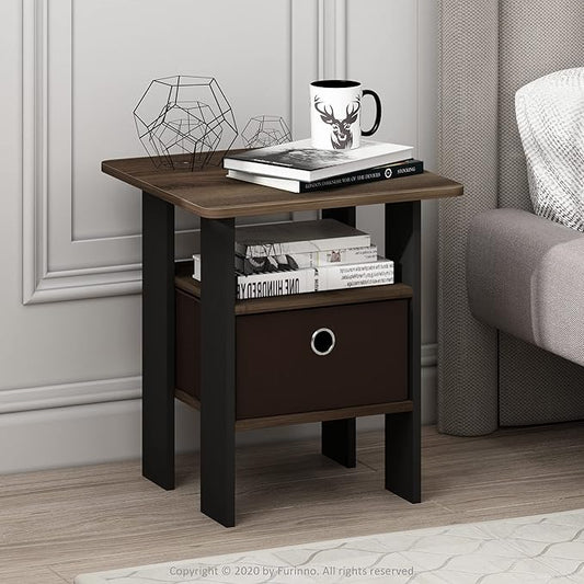 Furinno Andrey Set of 2 End Table / Side Table / Night Stand / Bedside Table with Bin Drawer, Columbia Walnut/Dark Brown