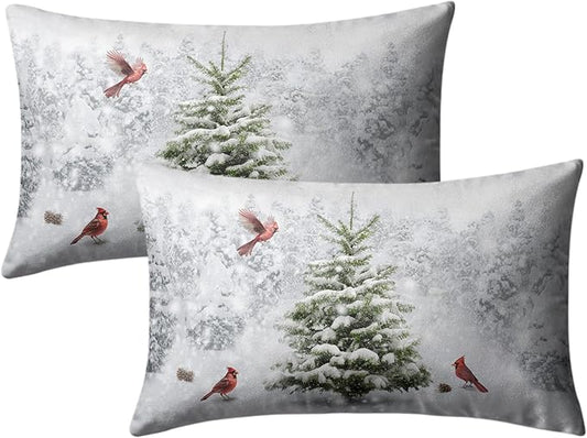Winter Christmas Lumbar Pillow Covers 12x20 Set of 2 Snowy Natural Forest Rectangle Pillowcase Green Pine Tree with Cardinal Birds Waist Cushion Case for Couch Living Room Patio