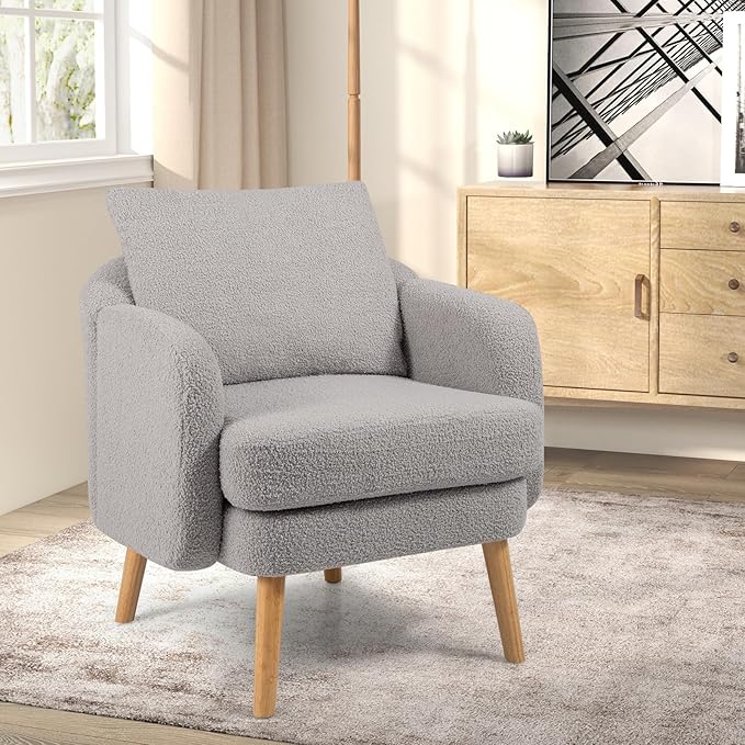 Giantex Sherpa Accent Chair, Modern Upholstered Single Sofa Chair with Back Pillow & Solid Rubber Wood Legs, Teddy Barrel Arm Chair for Reading, Living Room, Bedroom, Office, Grey