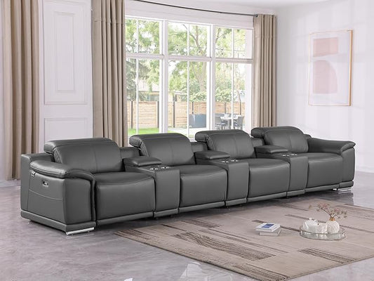 BlackJack Furniture Venice Top Grain Italian Leather Power Recline 7 Piece 4 Seater Sofa - 175" Theater Seating Modern Couch for Living Room Lounge with Adjustable Headrests & USB Port, Dark Grey