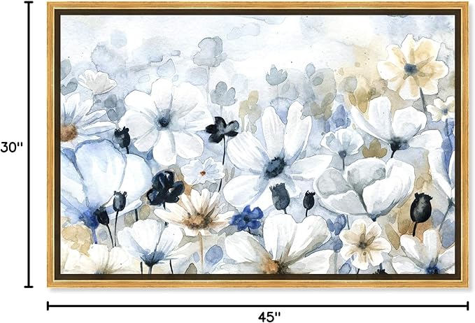 The Oliver Gal Artist Co. Floral and Botanical Wall Art Framed Canvas Prints 'Fields Flowers Home Décor, 45" x 30", Blue, White