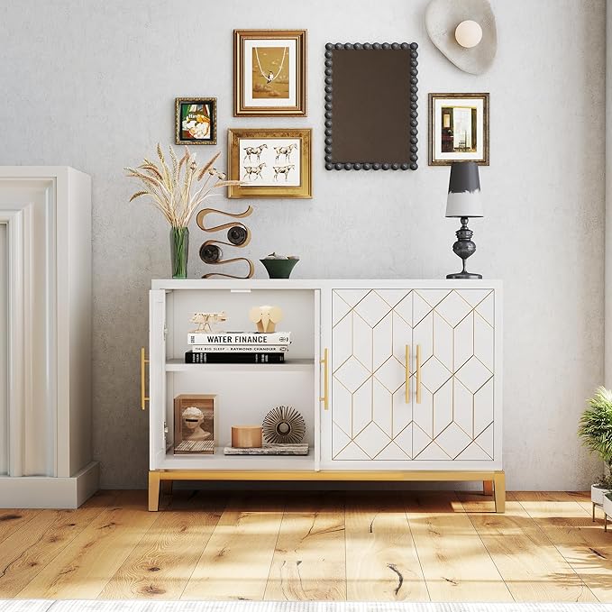 47.8" Accent Storage Cabinet with 4 Doors, Modern Sideboard Buffet Cabinet with Gold Lines, Wood Decorative Credenza with Storage for Living Room, Kitchen, Dining Room, Entryway, White