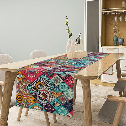 Boho Bohemian Table Runner Colorful Abstract Mid Century Geometric Table Ruuner Decoration for Kitchen Dining Room 13x70in