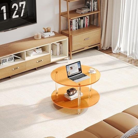 Acrylic Round Coffee Table, 23.6" Wide Modern Tea Table with Storage Shelf, 2-Tier Circle Center Table for Living Room, Office Reception and Apartment (Orange)