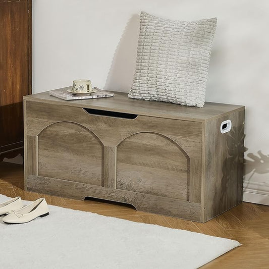 Storage Chest, 31.5" Retro Wooden Storage Bench, Entryway Storage Trunk, Supports 330 lb, Upgraded Safety Lift Support Hinge, Entryway Bench, U-Shaped Opening for Entryway Living Room, Greige