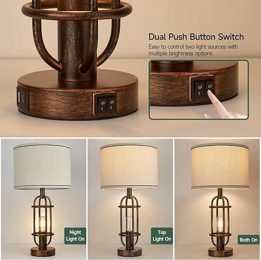 Table Lamps for Living Room Set of 2, 22.3" Farmhouse Lamps for Nightstand, Industrial Table Lamps for Bedroom with USB Ports, Retro Bronze