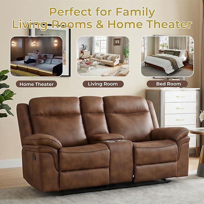 Faux Leather Rocking Loveseat Recliner with Console, Dual Reclining Sofa with Storage, 2 Cup Holders, USB Charging Ports & Power Outlets for Living Room, Meeting Room