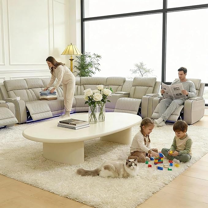 Power Reclining Sectional Sofa Set with LED, Living Room Furniture Sets, Leather Recliner Couch for Living Room/Home Theater, Sectional Couch and Chair with 3 Recliners, USB Port/Hide-Away Storage