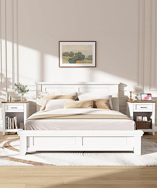 Farmhouse Nightstand with Charging Station & Large Storage, Set of 2 Modern End Tables with Outlets, USB Ports and Type-C Ports, Easy Assembly for Bedroom (Pure White + Walnut)