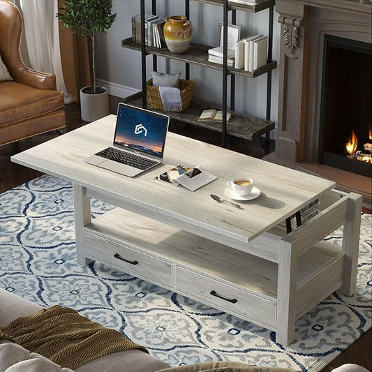 Rolanstar Coffee Table, Lift Top Coffee Table with Drawers and Hidden Compartment, Living Room Table with Wooden Lift Tabletop, for Living Room, Grey