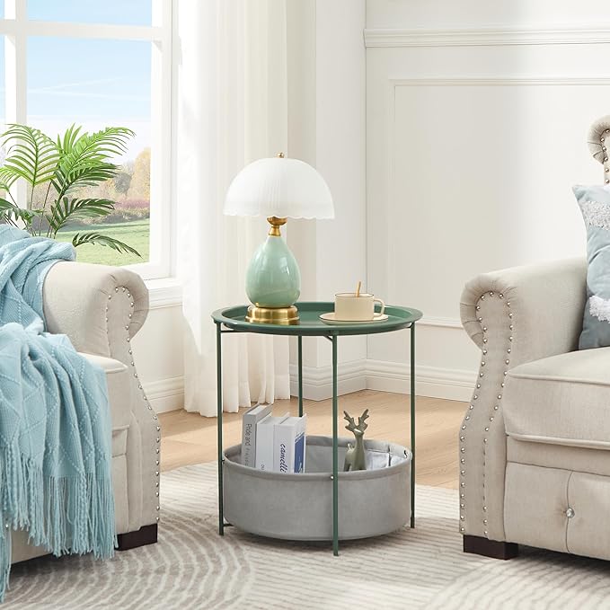VECELO Round Side/End Table with Fabric Storage Basket,Metal Anti-Rust and Waterproof Small Bedside Nightstand with Removable Tray Top for Living Room,Balcony & Laundry,Dark Green /1pcs with Basket
