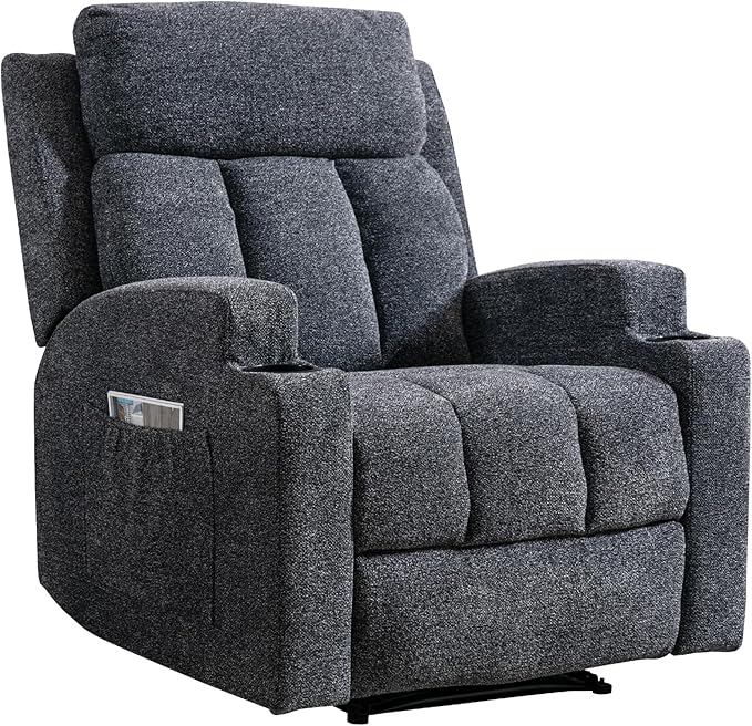 CANMOV Manual Massage Heat Recliner Chair Set of 3, Soft Fabric Recliner Chair with Overstuffed Arm and Back, Manual Reclining Single Sofa with 2 Cup Holders, Side Pocket for Living Room, Dark Grey