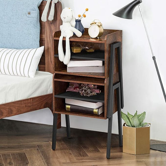 VECELO Nightstand Industrial Side End Table/Stackable Accent Furniture with 2-Tier Open Storage Compartments for Bedroom, Living Room and Small Spaces