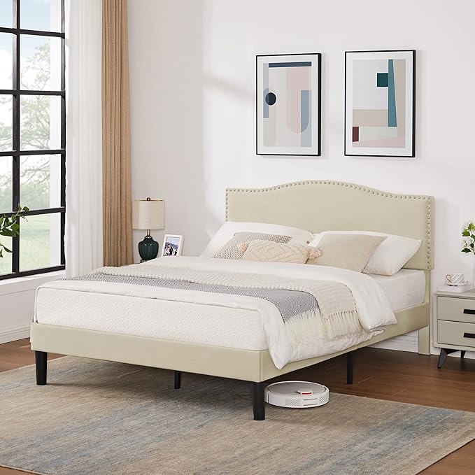 VECELO Queen Bed Frame, Platform Bed Frame with Adjustable Height Upholstered Headboard, Heavy-Duty Frames and Strong Wooden Slats Support, Non-Slip and Noise-Free, Easy Assembly, Beige