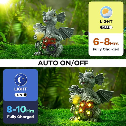 UZER Dinosaur Garden Dragon Statue Outdoor Decor for Patio, Cute Dinosaur Figurine with Solar Light, Yard Art Decoration Resin Ornament for Indoor Home Outdoor Patio Lawn,Birthday Gifts for Mom