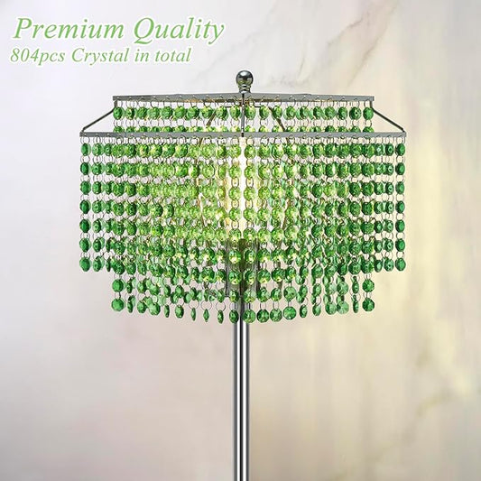Crystal Floor Lamp, 64" Tall Elegant Standing Lamp with On-Off Foot Switch, Silver Lamp with Green Double-Layer Crystal Lampshade , Standing Lamps for Bedroom, Living Room, Office, 8W Bulb Included