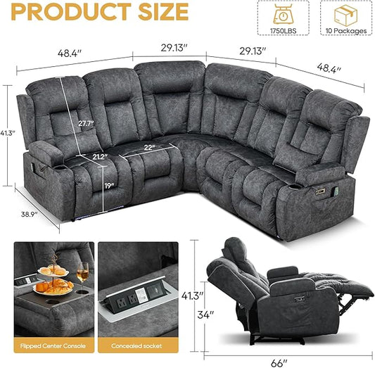 IPKIG Electric Reclining Sectional Sofa, 5-Seater L-Shaped Power Recliner Couch, Wall Hugger Reclinable Movie Seating with Flip-up Backrest, LED Lights, USB+AC Outlets (Dark Grey, 5 Seaters) | Vlvet Fabric, Zero Gravity, Dual Reclining, 2 Lumabr Pillow...