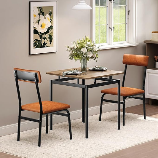 Garvee 3 Piece Dining Table Set, Kitchen Table Set for 2 with 2 PU Upholstered Chair, Industrial Metal Frame Dinette Set for Small Space, Dining Room, Apartment, Studio, Brown
