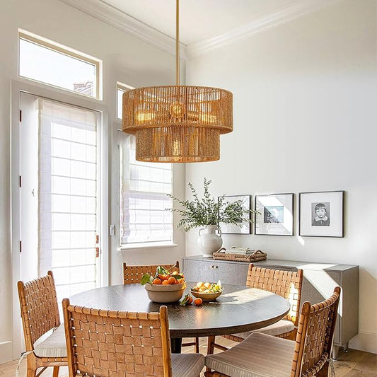 17.8" Golden Boho Rattan Chandelier Light Fixture 4-Light Hand-Woven Bamboo Vintage Farmhouse Chandelier Drum Wicker Chandeliers for Dining Room, Living Room, Kitchen Island,Bedroom,Foyer
