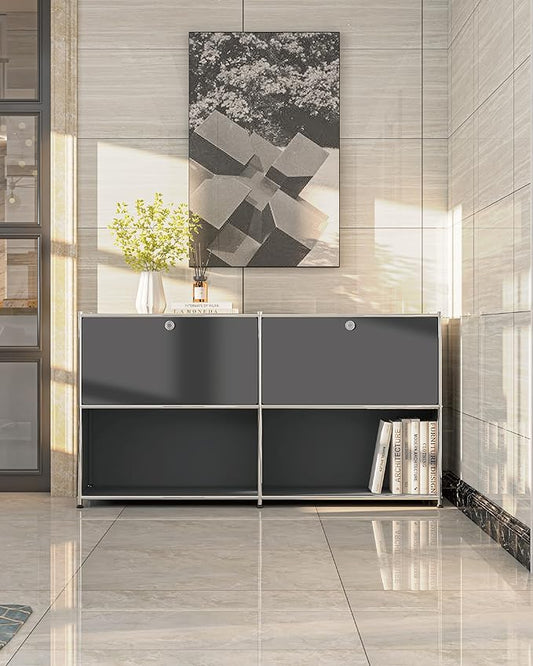 Metal Sideboard with 2 Flap Doors, DIY Modern Home Furnishing,Perfect for Home, Office, Kitchen, Hallway,Foyer Organization(Grey)