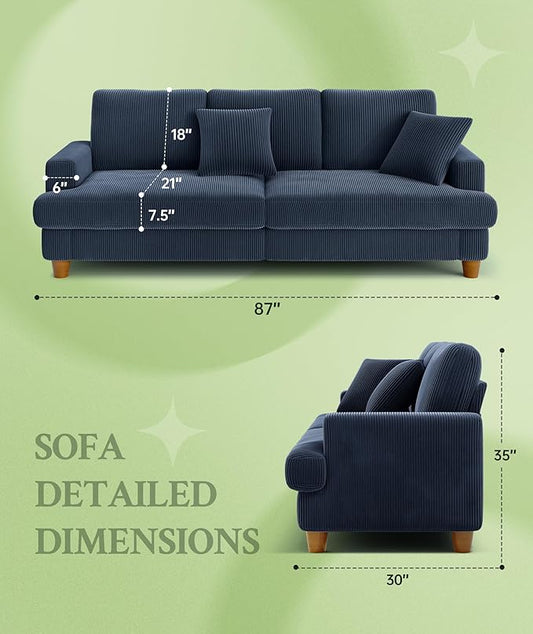 Welzona 87.2" Couches for Living Room, Comfy Blue Couch 7.5" Extra Thick Cushion, Sofas for Living Room Tool-Free Setup, Loveseat Sofa 848lbs Support, Corduroy Couch for Bedroom, Apartment, Office