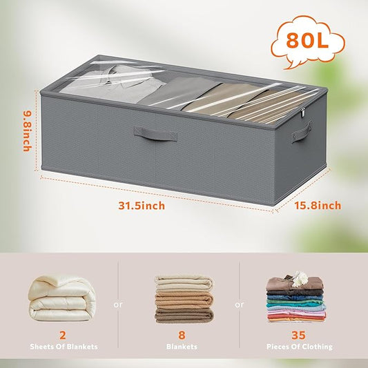 10inch 3 Pack Under Bed Storage Containers, 10 Inch Tall Underbed Clothes Storage Organizer Bin with Clear Window,Foldable Box Basket for Clothes, Closet, Bed Sheets and Blankets Gray