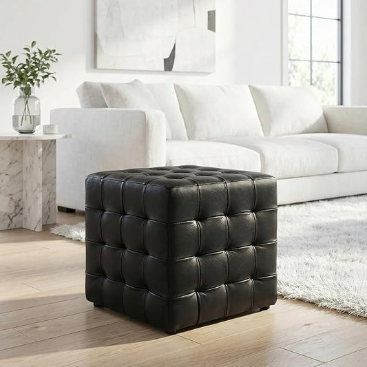 Cortesi Home Charli Tufted Cube Ottoman in 100% Genuine Leather, Black