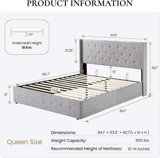 SHA CERLIN Queen Size Lift Up Storage Bed Frame,Button Tufted Wingback Headboard,Upholstered Platform,Hydraulic Storage,Wooden Slat Support,No Box Spring,Light Grey
