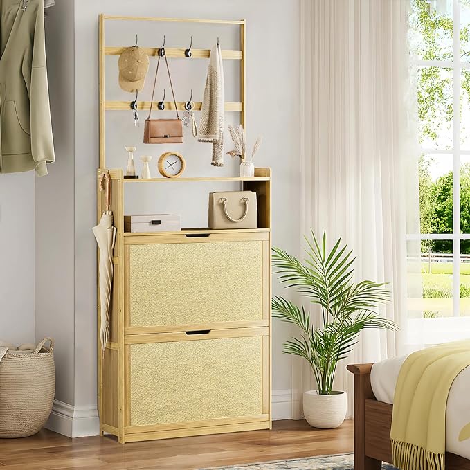 Shoe Cabinet with 2 Rattan Flip Drawers,Bamboo Shoe Storage Cabinet with Coat Hooks, Freestanding Shoe Cabinet Storage for Entryway,Hallway, Closet, Living Room,Natural