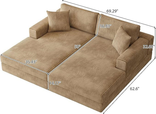 69-inch Oversized Chaise Recliner Lounge Deep Seat Upholstered Sleeper Daybed with 4 Pillows,Soft Corduroy Loveseat Double Chaise Sofa Couch Extra Wide Sleeper Chair Sofabed for Living Room Bedroom