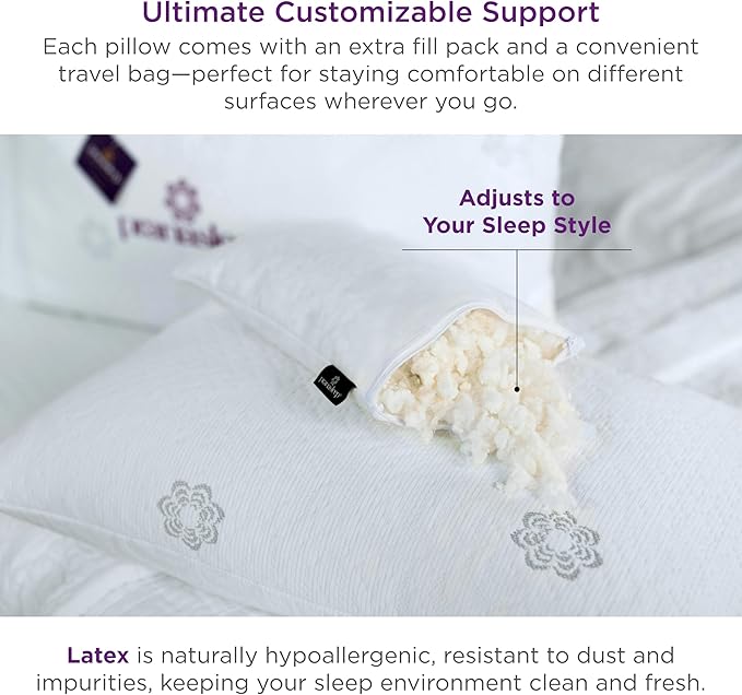 PranaSleep Dharma Adjustable Latex Pillow, Back, Stomach, and Side Sleeper Pillows for Adults, Bedding Essentials for Hot Sleepers, Queen Size, 30" L x 17" W x 6" H