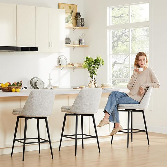 CHITA Swivel Bar Stools, 27.2" Counter Height Bar Stools Set of 3, FSC Certified Upholstered Modern Counter Stools, Metal Legs, Fabric, Light Grey (Multi-Colored)