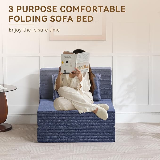 WUTUTUEE Folding Sofa Bed Convertible Floor Couch Foldable Chair Bed with Pillow,Linen Sleeper Chair Futon,Foldable Memory Foam Mattress for Bedroom/Living Room/Dorm/Office (Corduroy Navy, Single)