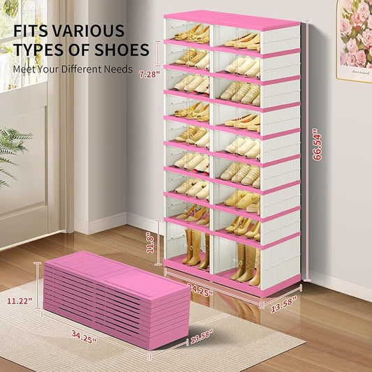 9-Tier Foldable Shoe Rack Organizer for Closet,36 Pairs Collapsible Plastic Shoe Shelf,Large Shoes Cabinet with Door,Clear Stackable Storage Box Easy Assembly(White-Pink)