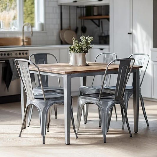 AC Pacific 18 Inch Seat Height Industrial Metal Dining Chairs, Stackable Kitchen or Bar Seat, Durable Modern Design, Versatile Accent Furniture, Set of 4, Silver