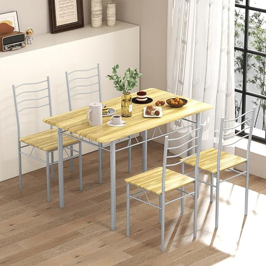 COSTWAY Kitchen Table Chairs Set of 4, 5 Piece Metal Rectangular Dinette Set w/Non-Slip Pad, Space-Saving Design, Modern Dining Room Table Set for Small Place Breakfast Nook Restaurant (Light-Walnut)