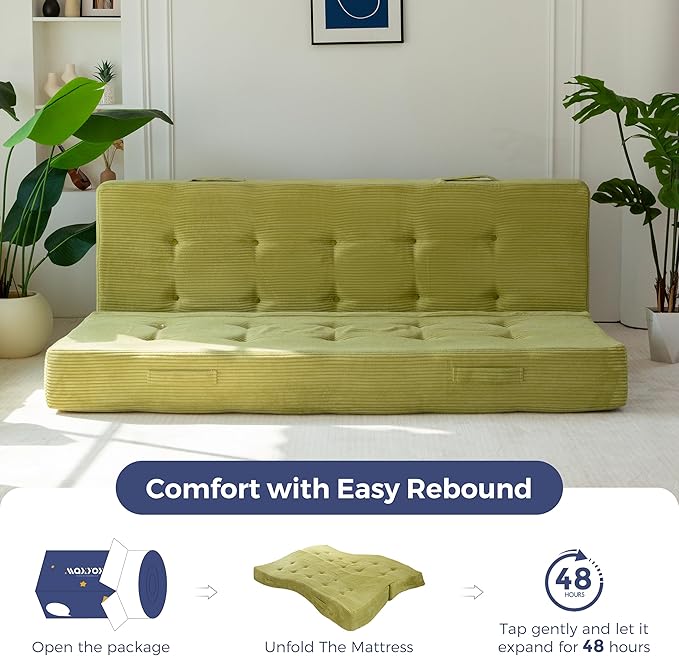 MAXYOYO 8" Foldable Floor Sofa Bed, Tufted Foldable Couch Bed Thick Folding Mattress with Handles, Versatile Folding Sofa Couch for Floor Sleeping, Living Room & Guest Room, Green