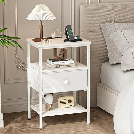 VECELO Night Stand with Charging Station, End Tables with Open Storage Shelf, Bed Side Tables with Fabric Drawers for Bedroom,Living Room,Elegant White
