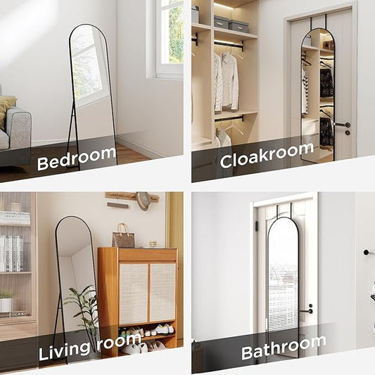57x16 Door Hanging Full Length Mirror, Floor Stand (Height 5.7ft just Body in1.3ft) / Wall Mounted Metal Frame Arch Dressing Mirrors for Bedroom Living Room 57 inch Black