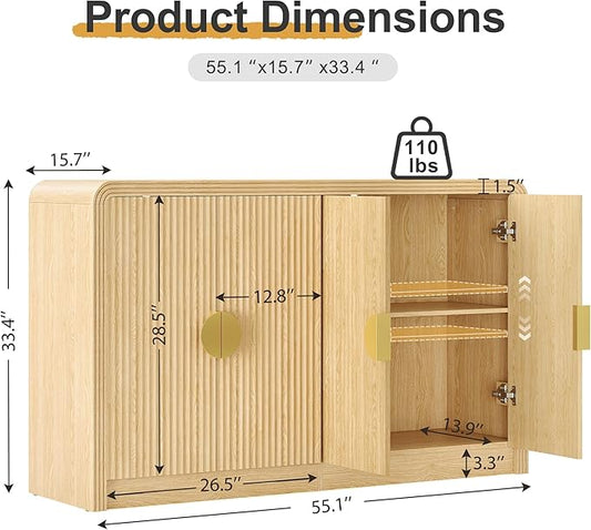 55" Buffet Sideboard Cabinet, Mid Century Modern Console Cabinet with Wavy Grain Doors & Adjustable Shelves for Kitchen Cabinets, Living Room, Entryway, Coffee Bar Cabinet (Natural Oak)
