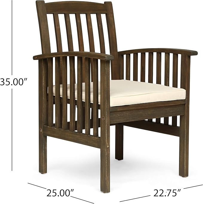 Great Deal Furniture Phoenix Acacia Patio Dining Chairs, Acacia Wood with Outdoor Cushions, Gray and Cream (Set of 2), (307163)