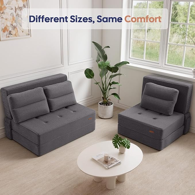 COMAX Folding Sofa Bed, Foldable Couch for Bedroom, Convertible Floor Sleeper Futon Chair Foam, Corduroy 3 in 1 Fold Out Chair Portable Comfy Lounge Couch Sofa Bed for Small Space, Twin, Grey