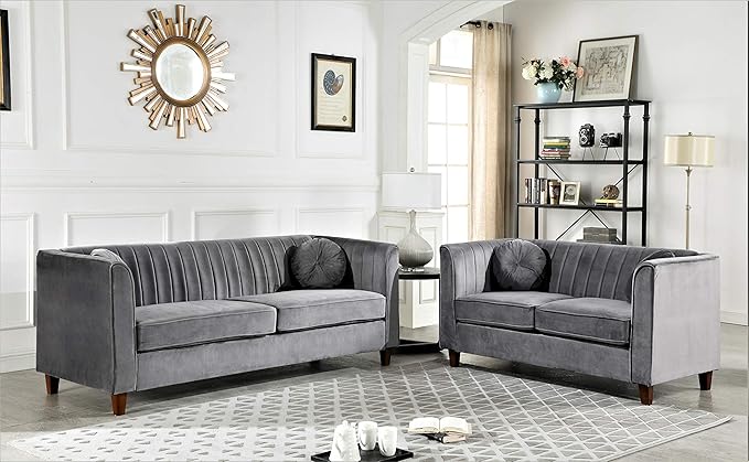 Container Furniture Direct Arvilla Velvet Loveseat with Bolster Pillows, Soft Upholstery, Mid Century Modern Design, Chesterfield-Inspired Sofa Couch for Living Rooms, Fossil Grey