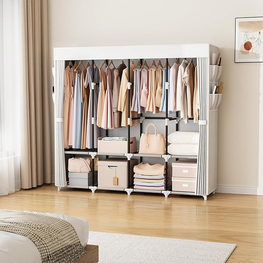 VTRIN Portable Closet for Hanging Clothes 67 Inch Wide Large Capacity Portable Wardrobe Closet with Cover, 4 Storage Shelves and 4 Hanging Rod Sturdy Free Standing Closet for Bedroom, White