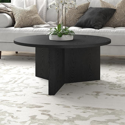 Henn&Hart 36" Round Wood Pedestal Coffee Table for Living Room, Family Room, Office, or Apartment, Natural Black