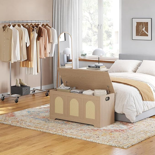 DINZI LVJ Storage Chest, 39.4" Rattan-Like Box with 2 Safety Hinges, Wooden Entryway Shoe Bench with Flip-Top, Storage Trunk for Living Room, Bedroom, Easy Assembly, Natural