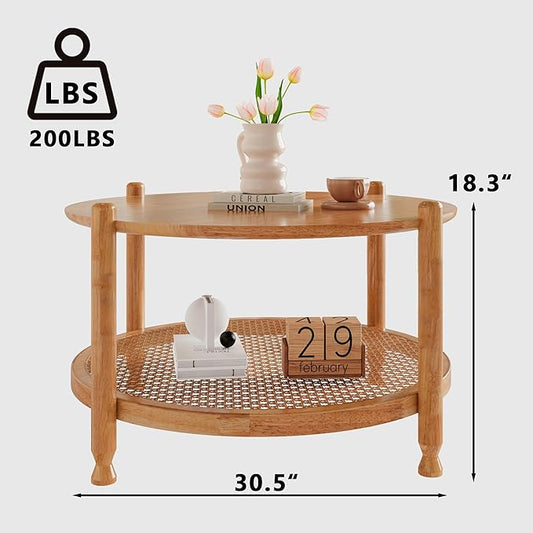 NSdirect 32" Rattan Coffee Table for Living Room, 2-Tier Solid Wood Round Center Table for Home Decor with Boho Woven Rattan Storage Shelf | Modern Farmhouse Design, Easy Assembly, Oak
